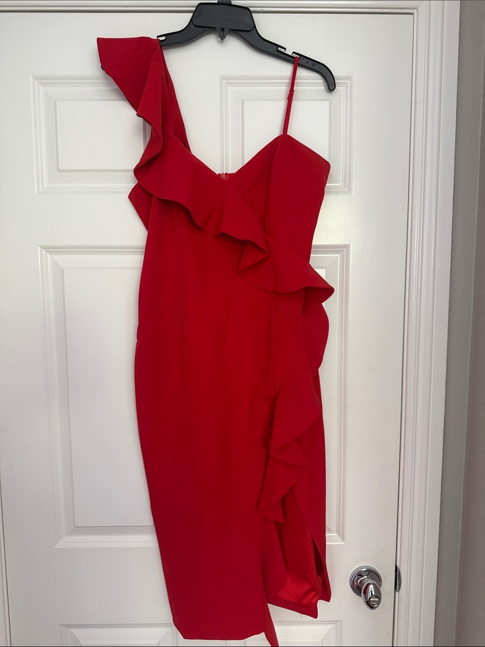 Bardot Red One-Shoulder Ruffle Midi Dress